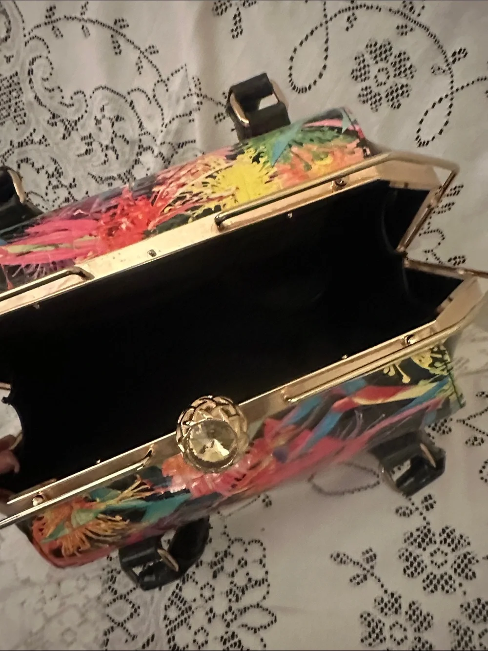 Floral Multicolor Patent Satchel Handbag - Black Trim